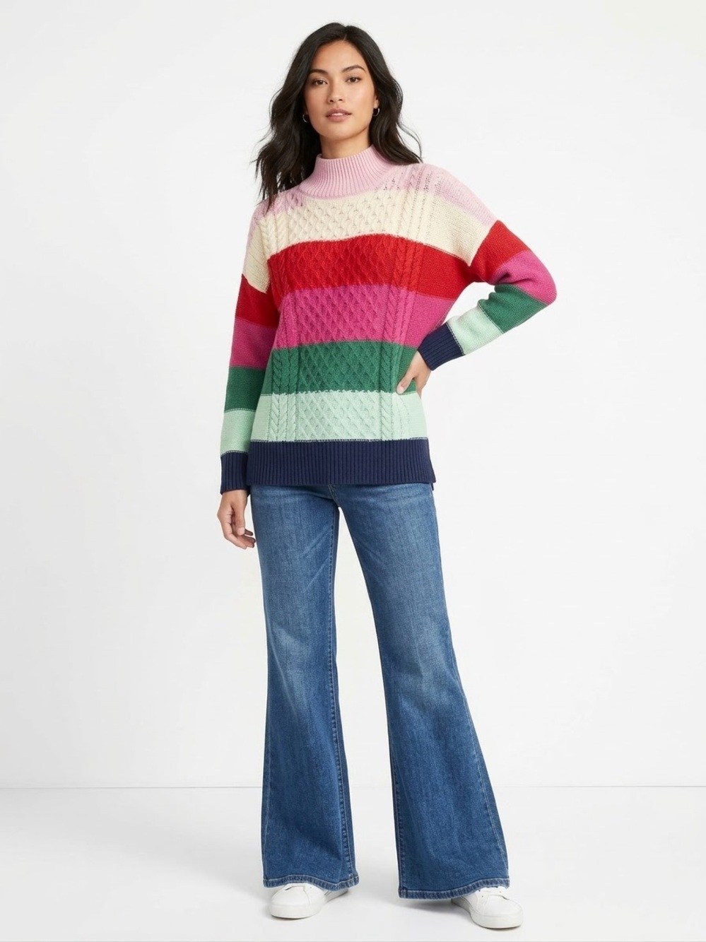 Crown & Ivy $60 P2P24-28” L29”Colorblock Striped Cable Knit Mock Neck Sweater XL